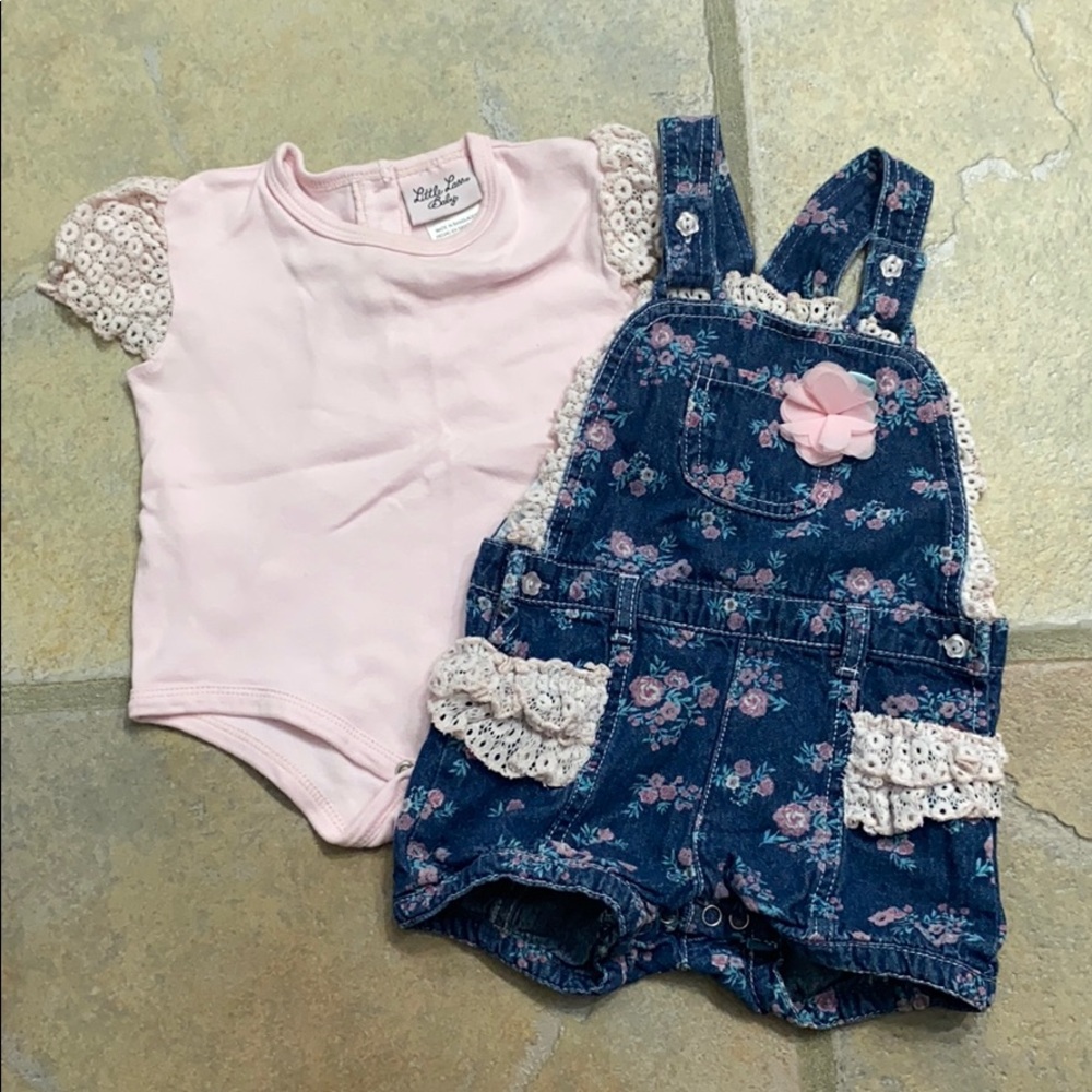 Baby Girl Denim Overall Shorts with Lace Trim